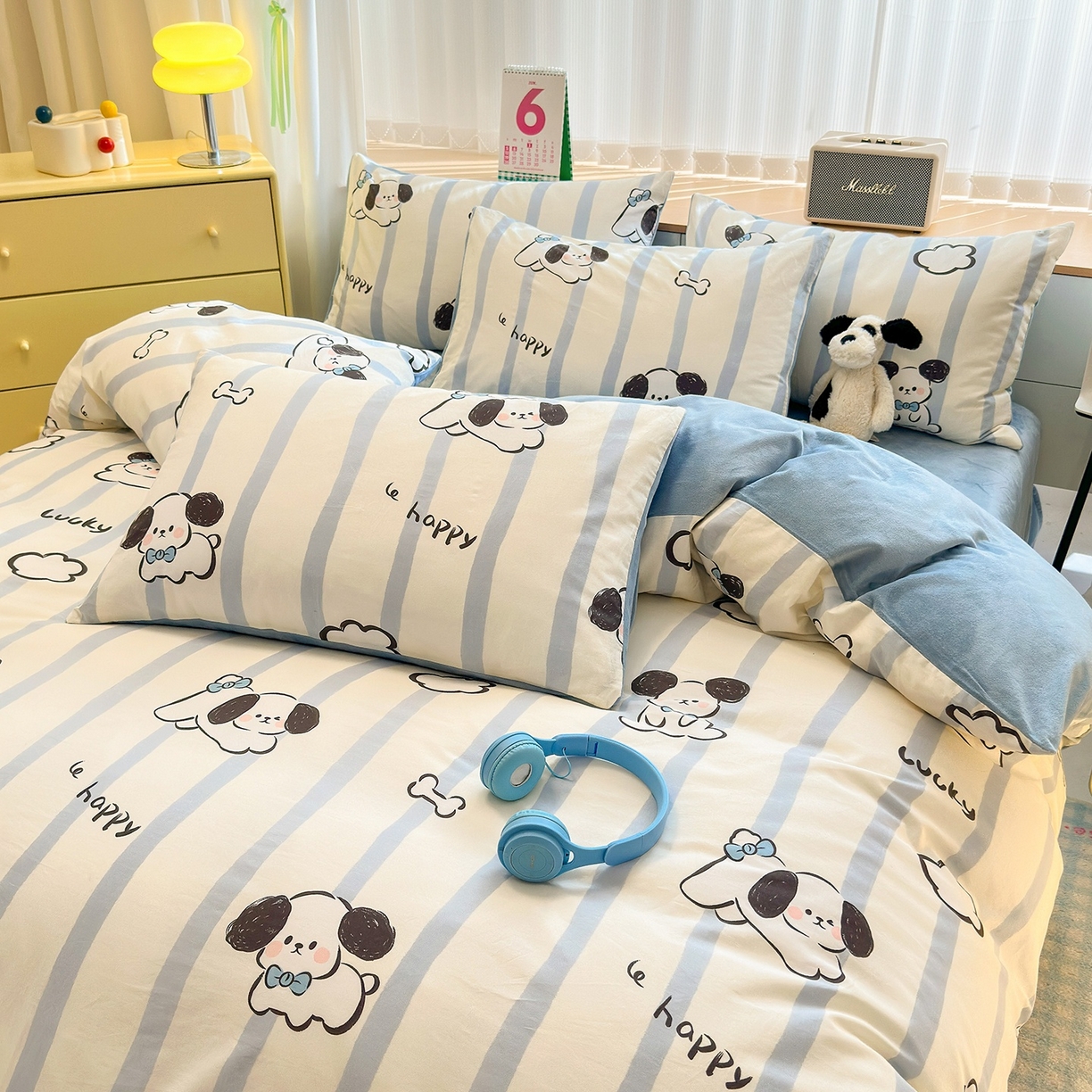 91家纺网 家纺一手货源 找家纺 清雅福 2025秋冬新品全棉印花棉加绒四件套系列 棉绒-条纹狗狗