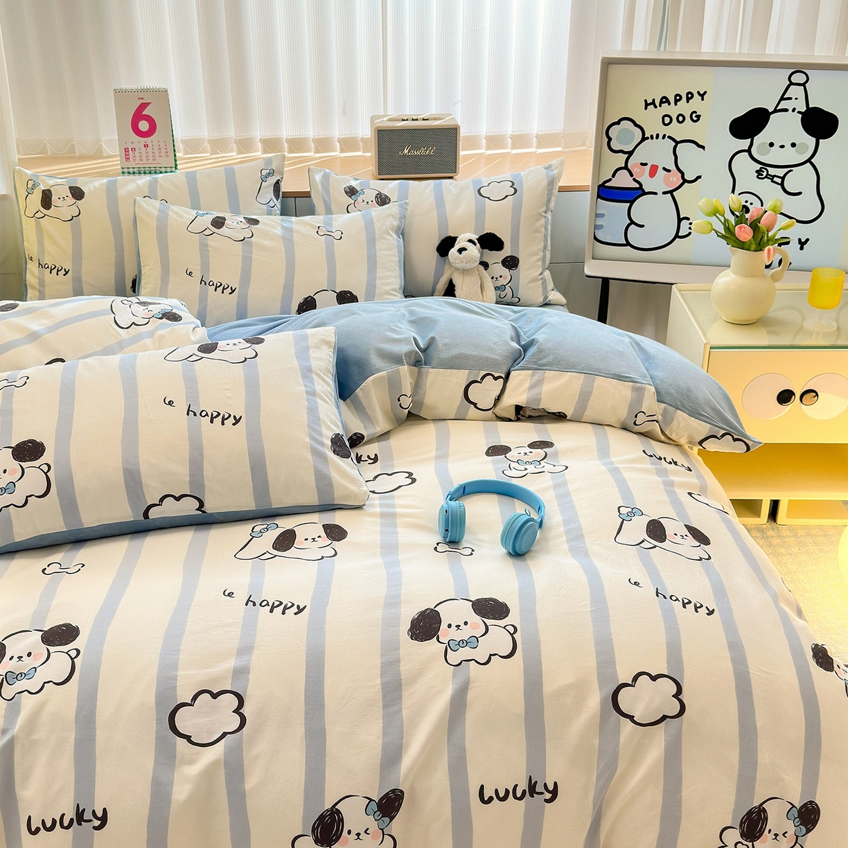 91家纺网 家纺一手货源 找家纺 清雅福 2025秋冬新品全棉印花棉加绒四件套系列 棉绒-条纹狗狗