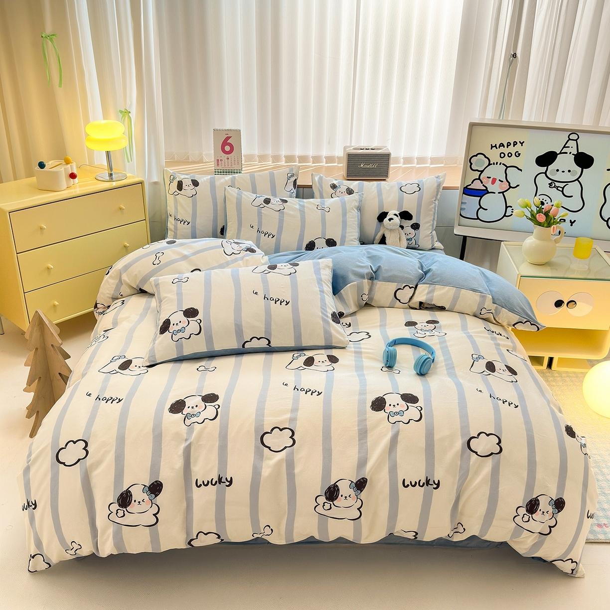 91家纺网 家纺一手货源 找家纺 清雅福 2025秋冬新品全棉印花棉加绒四件套系列 棉绒-条纹狗狗