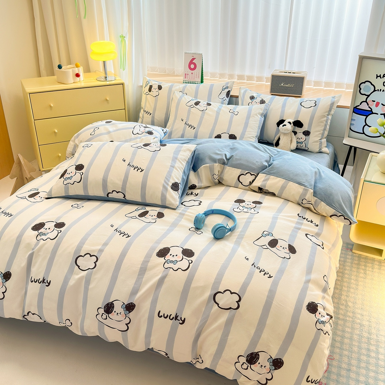 91家纺网 家纺一手货源 找家纺 清雅福 2025秋冬新品全棉印花棉加绒四件套系列 棉绒-条纹狗狗