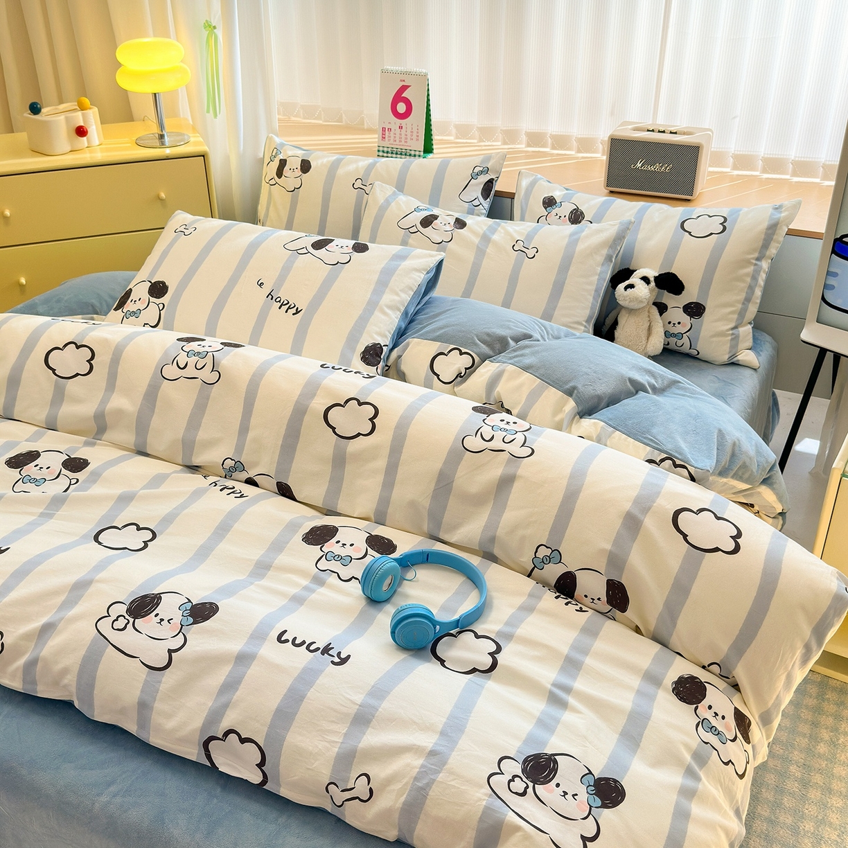 91家纺网 家纺一手货源 找家纺 清雅福 2025秋冬新品全棉印花棉加绒四件套系列 棉绒-条纹狗狗