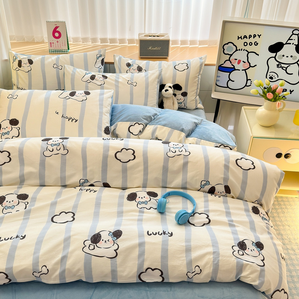 91家纺网 家纺一手货源 找家纺 清雅福 2025秋冬新品全棉印花棉加绒四件套系列 棉绒-条纹狗狗