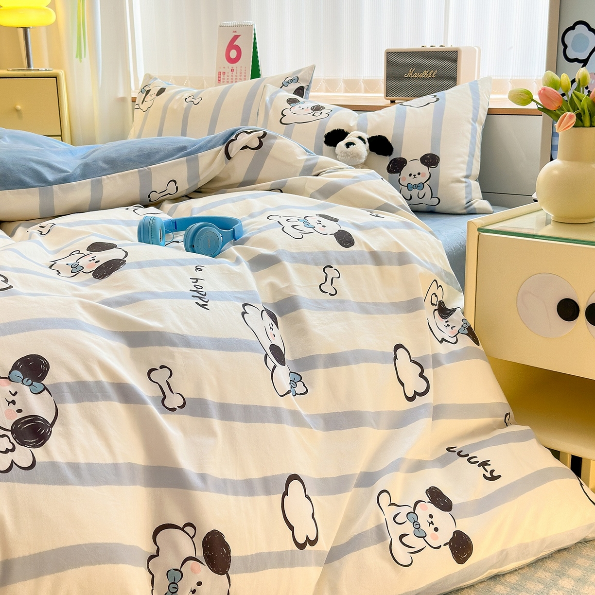 91家纺网 家纺一手货源 找家纺 清雅福 2025秋冬新品全棉印花棉加绒四件套系列 棉绒-条纹狗狗