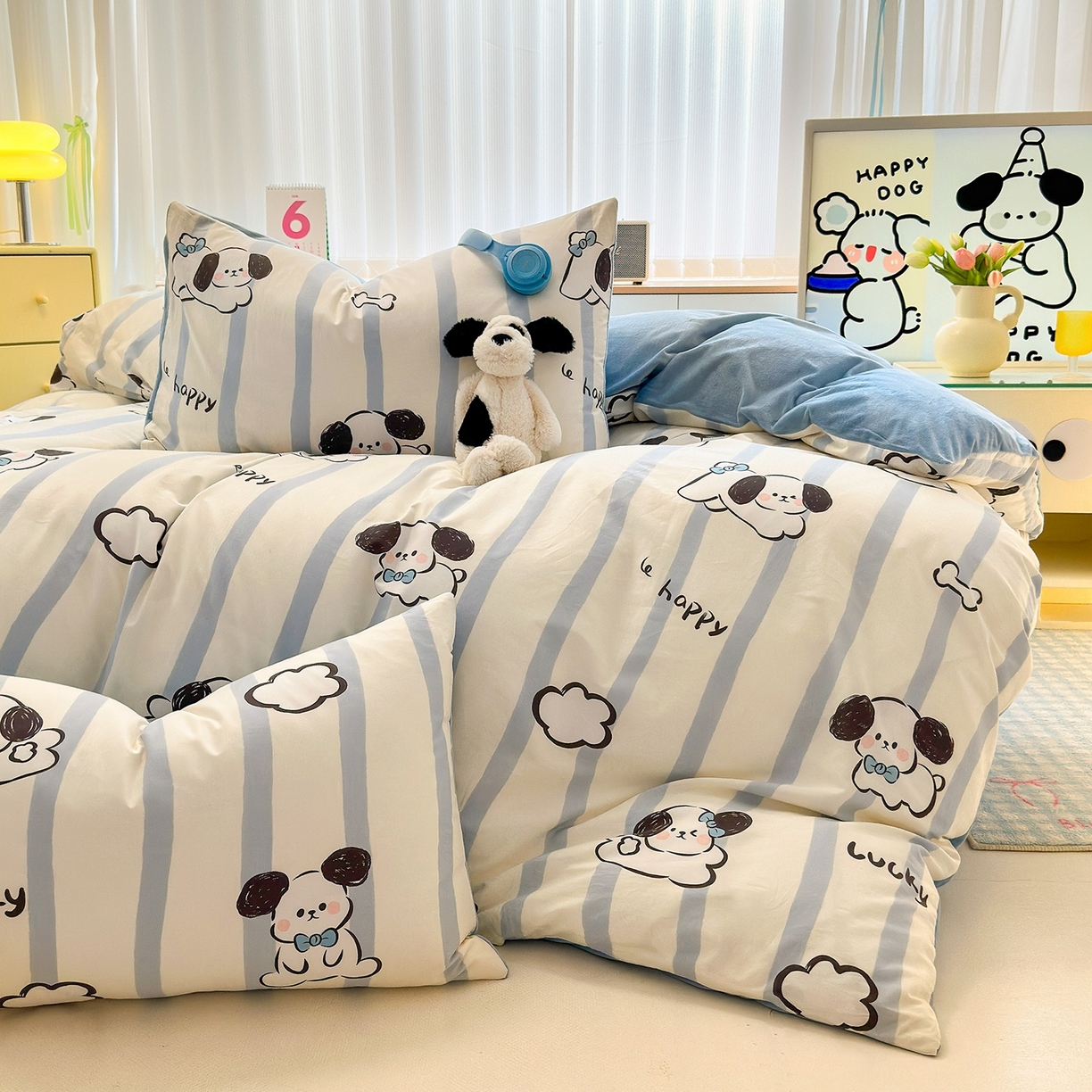 91家纺网 家纺一手货源 找家纺 清雅福 2025秋冬新品全棉印花棉加绒四件套系列 棉绒-条纹狗狗