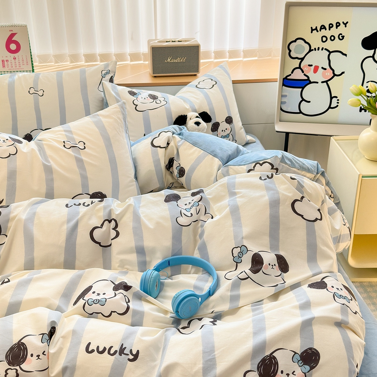 91家纺网 家纺一手货源 找家纺 清雅福 2025秋冬新品全棉印花棉加绒四件套系列 棉绒-条纹狗狗