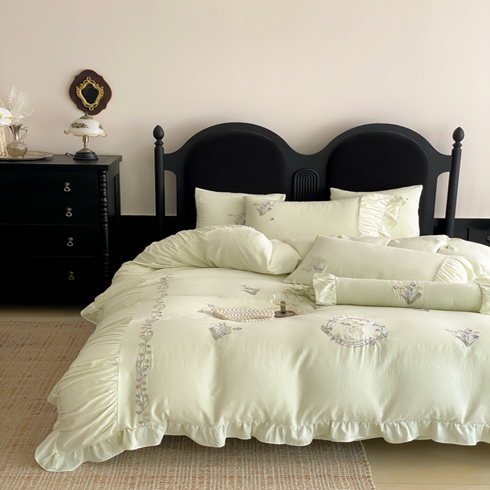 91家纺网 家纺一手货源 找家纺 曼布缇 2025新款A类双层纱工艺款四件套 春亭绿【会员减20元，劵后378元起】