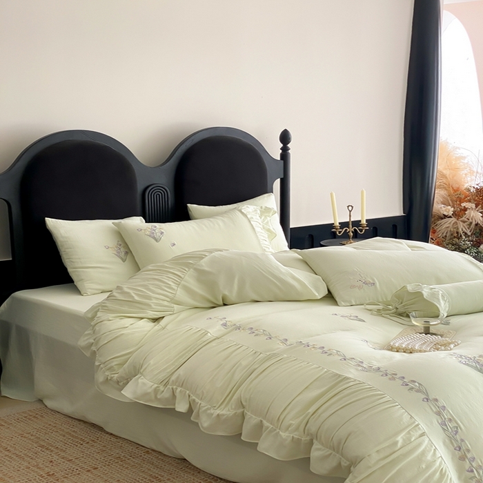 91家纺网 家纺一手货源 找家纺 曼布缇 2025新款A类双层纱工艺款四件套 春亭绿【会员减20元，劵后378元起】