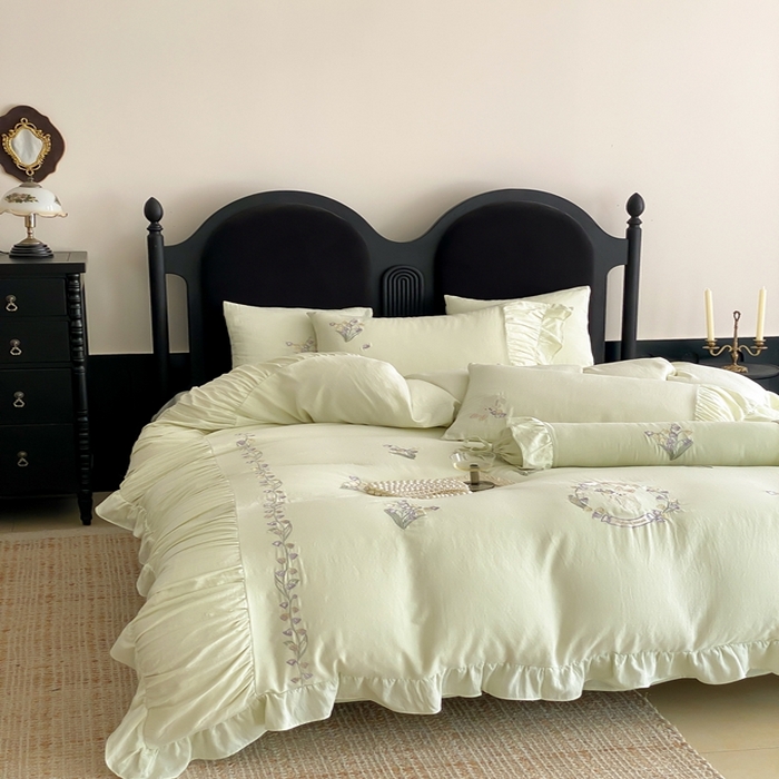 91家纺网 家纺一手货源 找家纺 曼布缇 2025新款A类双层纱工艺款四件套 春亭绿【会员减20元，劵后378元起】