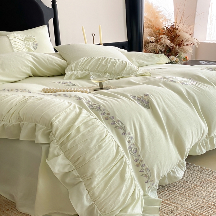 91家纺网 家纺一手货源 找家纺 曼布缇 2025新款A类双层纱工艺款四件套 春亭绿【会员减20元，劵后378元起】