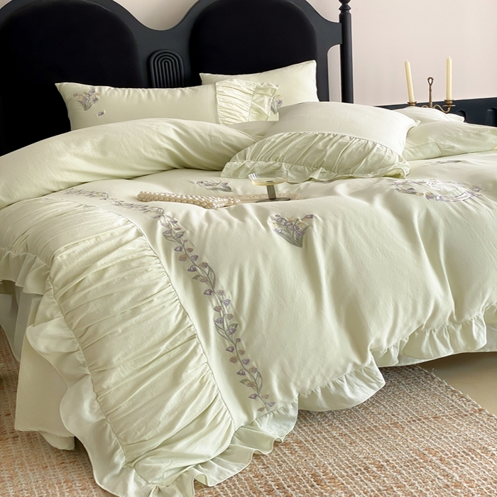 91家纺网 家纺一手货源 找家纺 曼布缇 2025新款A类双层纱工艺款四件套 春亭绿【会员减20元，劵后378元起】