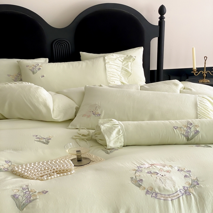 91家纺网 家纺一手货源 找家纺 曼布缇 2025新款A类双层纱工艺款四件套 春亭绿【会员减20元，劵后378元起】