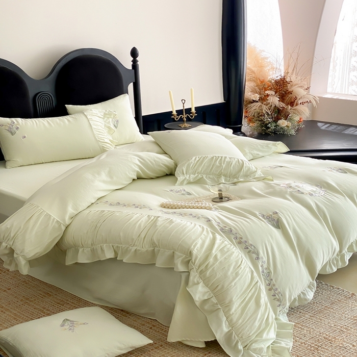 91家纺网 家纺一手货源 找家纺 曼布缇 2025新款A类双层纱工艺款四件套 春亭绿【会员减20元，劵后378元起】