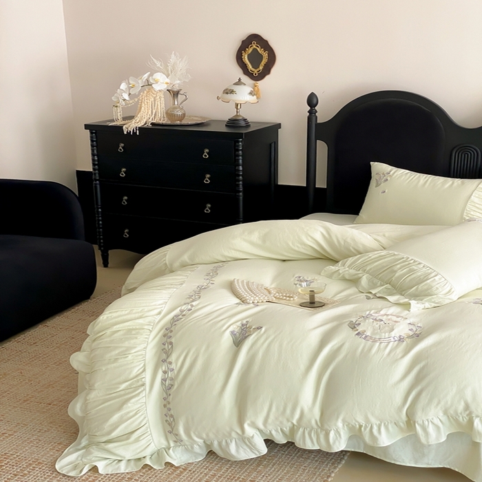 91家纺网 家纺一手货源 找家纺 曼布缇 2025新款A类双层纱工艺款四件套 春亭绿【会员减20元，劵后378元起】