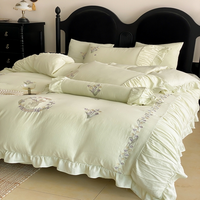 91家纺网 家纺一手货源 找家纺 曼布缇 2025新款A类双层纱工艺款四件套 春亭绿【会员减20元，劵后378元起】