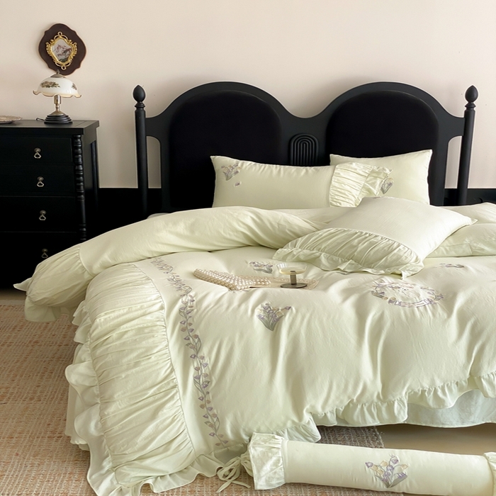 91家纺网 家纺一手货源 找家纺 曼布缇 2025新款A类双层纱工艺款四件套 春亭绿【会员减20元，劵后378元起】