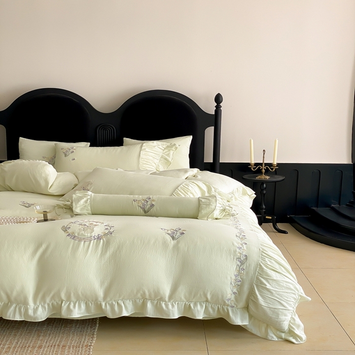 91家纺网 家纺一手货源 找家纺 曼布缇 2025新款A类双层纱工艺款四件套 春亭绿【会员减20元，劵后378元起】