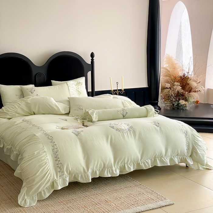 91家纺网 家纺一手货源 找家纺 曼布缇 2025新款A类双层纱工艺款四件套 春亭绿【会员减20元，劵后378元起】