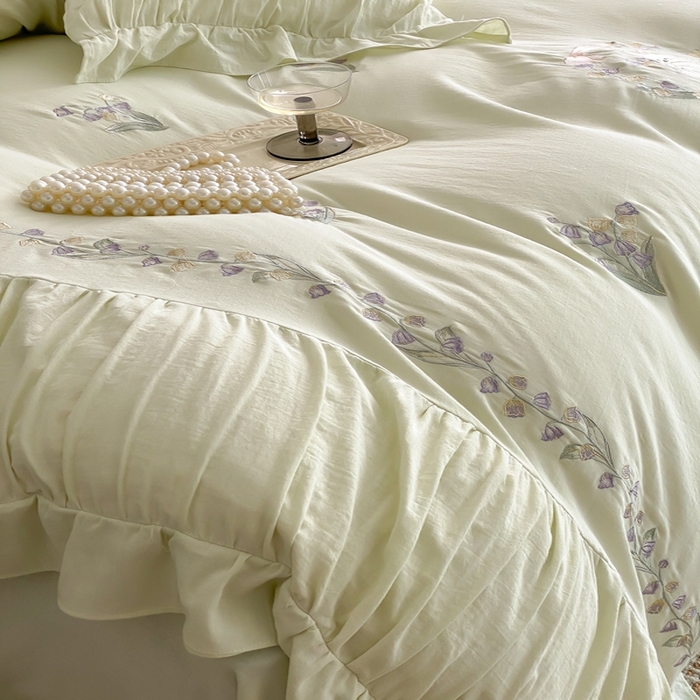 91家纺网 家纺一手货源 找家纺 曼布缇 2025新款A类双层纱工艺款四件套 春亭绿【会员减20元，劵后378元起】