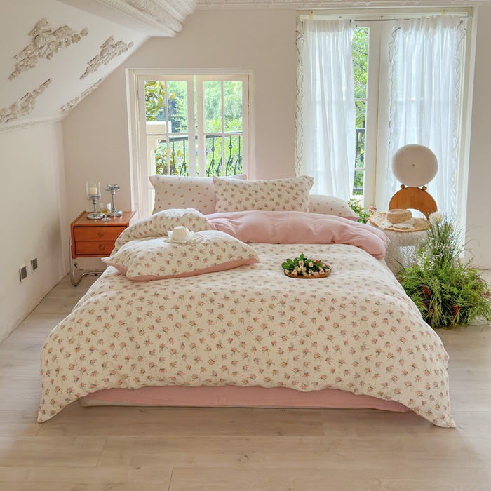 91家纺网 家纺一手货源 找家纺 木楌家居 2025春夏新品全棉A类皱皱纱印花四件套 浅汐