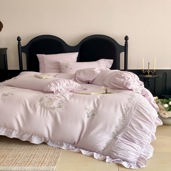 91家纺网 家纺一手货源 找家纺 曼布缇 2025新款A类双层纱工艺款四件套 幽兰紫 【会员减20元，劵后378元起】