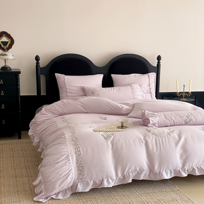 91家纺网 家纺一手货源 找家纺 曼布缇 2025新款A类双层纱工艺款四件套 幽兰紫 【会员减20元，劵后378元起】