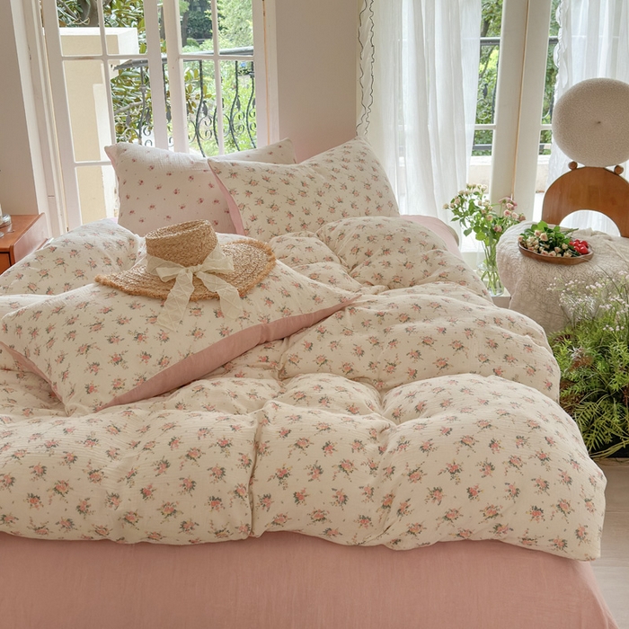 91家纺网 家纺一手货源 找家纺 木楌家居 2025春夏新品全棉A类皱皱纱印花四件套 浅汐