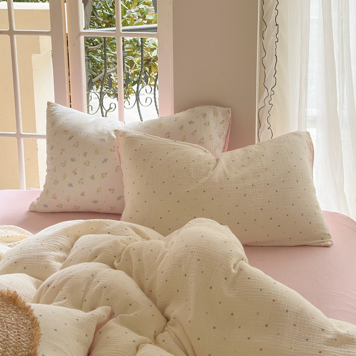 91家纺网 家纺一手货源 找家纺 木楌家居 2025春夏新品全棉A类皱皱纱印花四件套 奶油波点