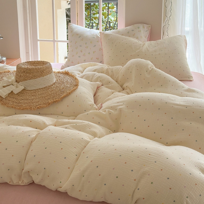 91家纺网 家纺一手货源 找家纺 木楌家居 2025春夏新品全棉A类皱皱纱印花四件套 奶油波点