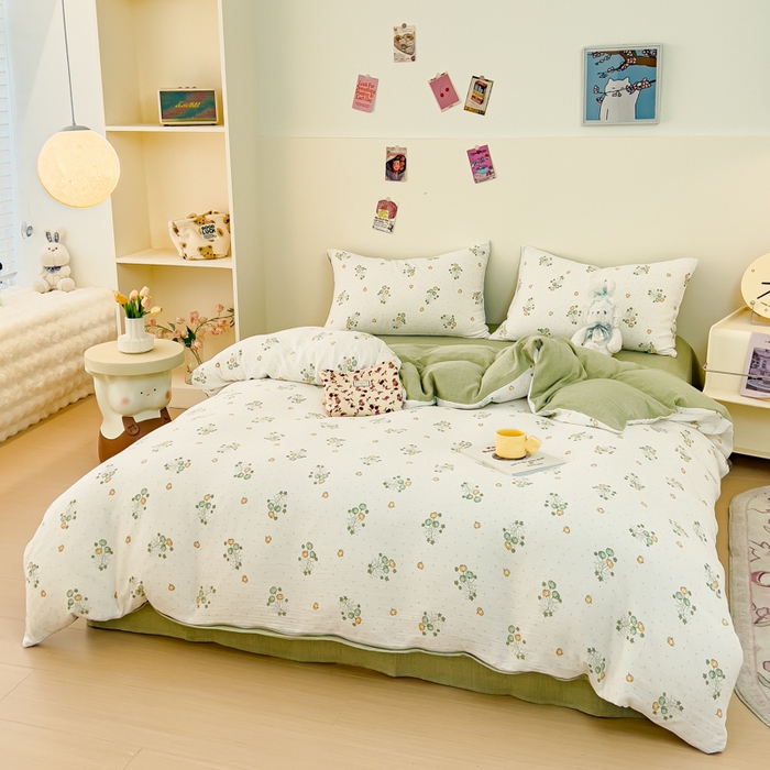 91家纺网 家纺一手货源 找家纺 木楌家居 2025春夏新品全棉A类皱皱纱印花四件套 小南国