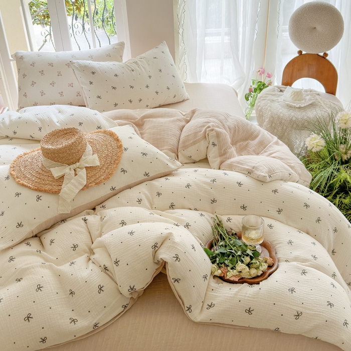 91家纺网 家纺一手货源 找家纺 木楌家居 2025春夏新品全棉A类皱皱纱印花四件套 宁静