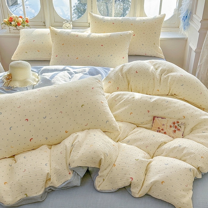 91家纺网 家纺一手货源 找家纺 木楌家居 2025春夏新品全棉A类皱皱纱印花四件套 月瑶