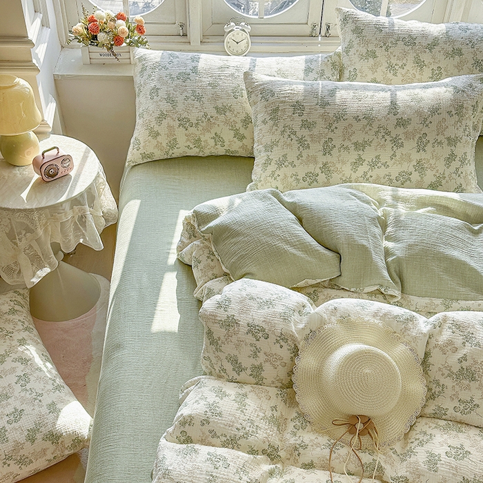 91家纺网 家纺一手货源 找家纺 木楌家居 2025春夏新品全棉A类皱皱纱印花四件套 清颜