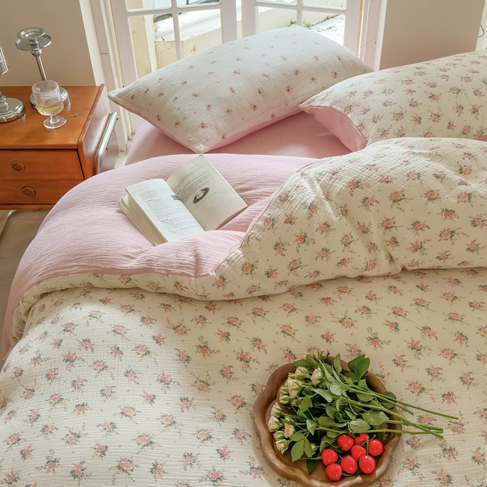 91家纺网 家纺一手货源 找家纺 木楌家居 2025春夏新品全棉A类皱皱纱印花四件套 浅汐