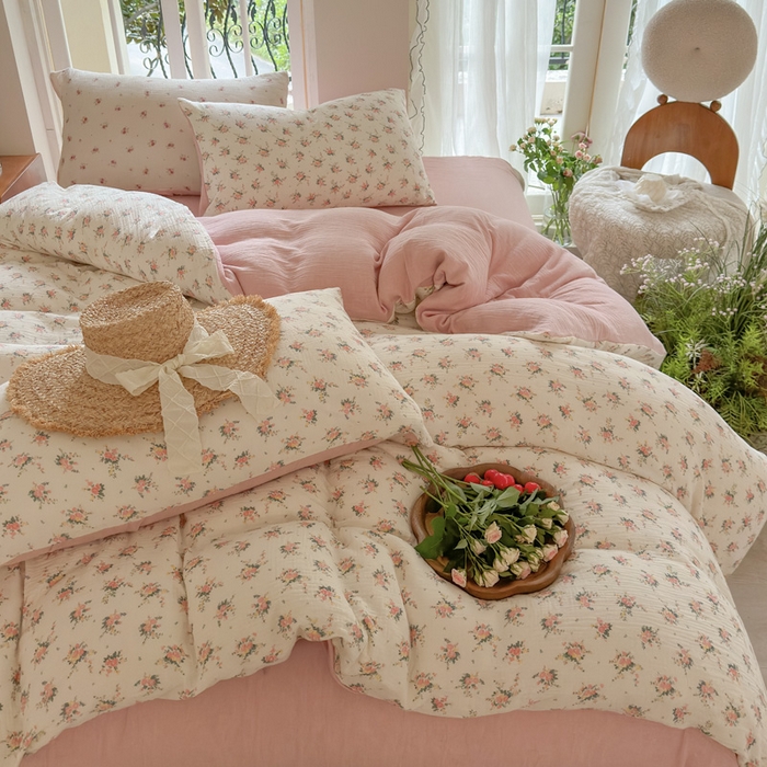 91家纺网 家纺一手货源 找家纺 木楌家居 2025春夏新品全棉A类皱皱纱印花四件套 浅汐