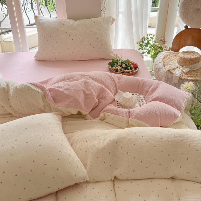 91家纺网 家纺一手货源 找家纺 木楌家居 2025春夏新品全棉A类皱皱纱印花四件套 奶油波点