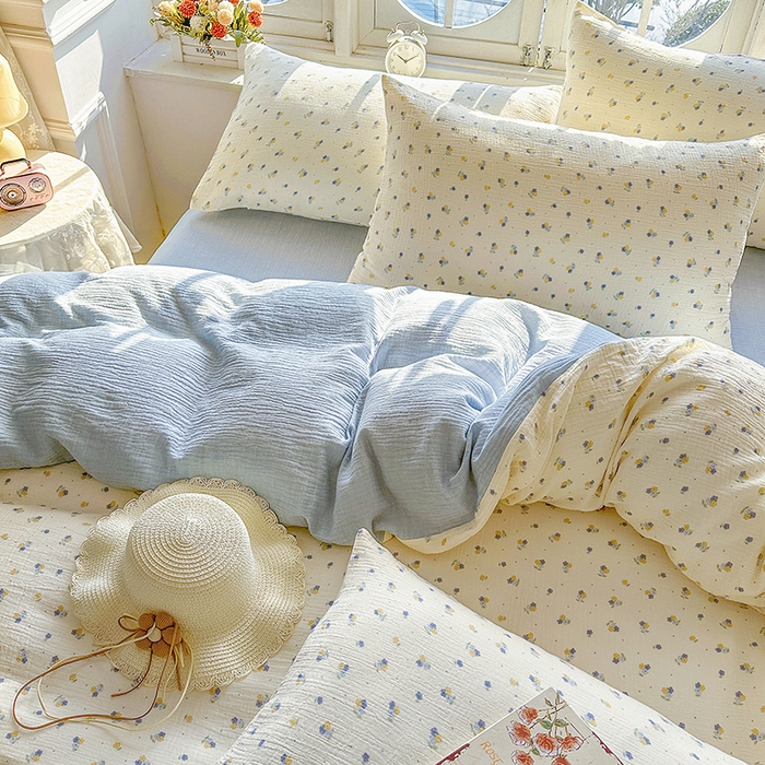 91家纺网 家纺一手货源 找家纺 木楌家居 2025春夏新品全棉A类皱皱纱印花四件套 黎夏 兰