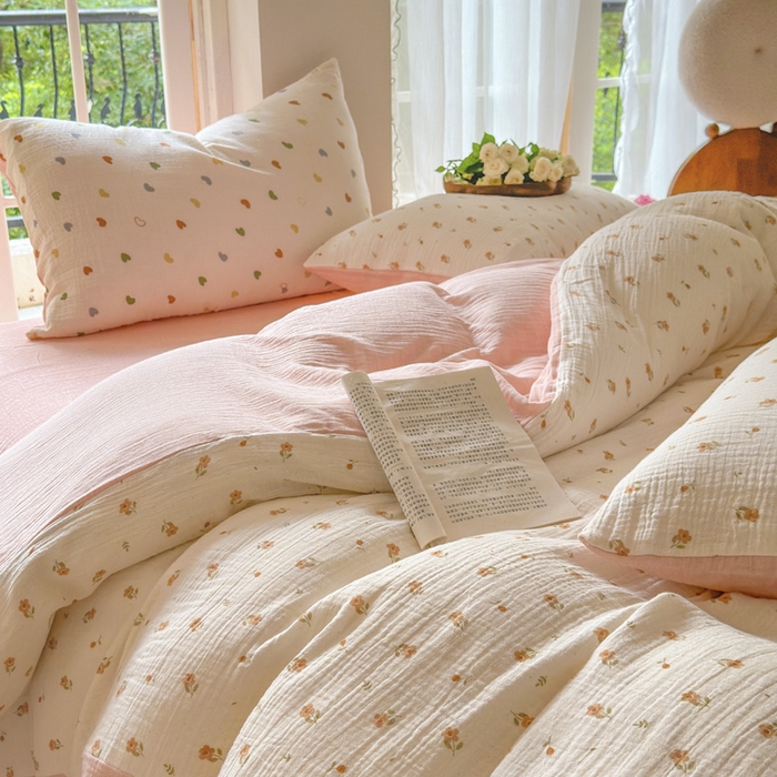 91家纺网 家纺一手货源 找家纺 木楌家居 2025春夏新品全棉A类皱皱纱印花四件套 春泥