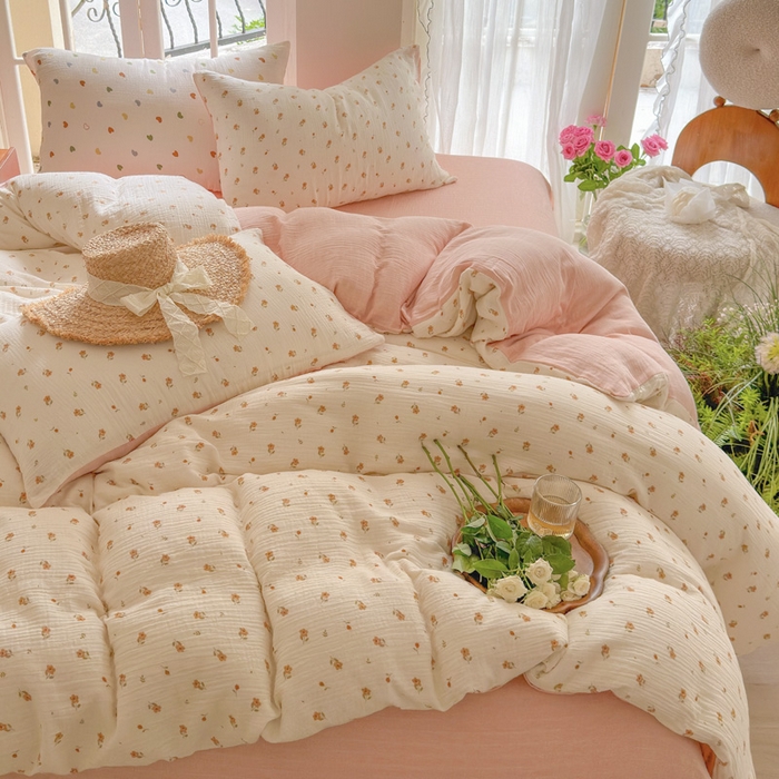 91家纺网 家纺一手货源 找家纺 木楌家居 2025春夏新品全棉A类皱皱纱印花四件套 春泥