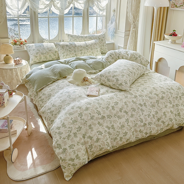 91家纺网 家纺一手货源 找家纺 木楌家居 2025春夏新品全棉A类皱皱纱印花四件套 清颜