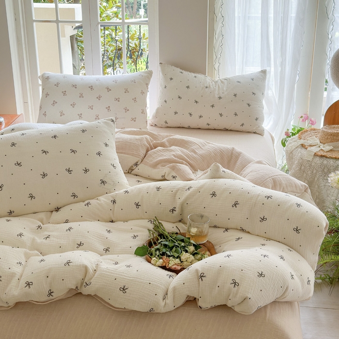 91家纺网 家纺一手货源 找家纺 木楌家居 2025春夏新品全棉A类皱皱纱印花四件套 宁静