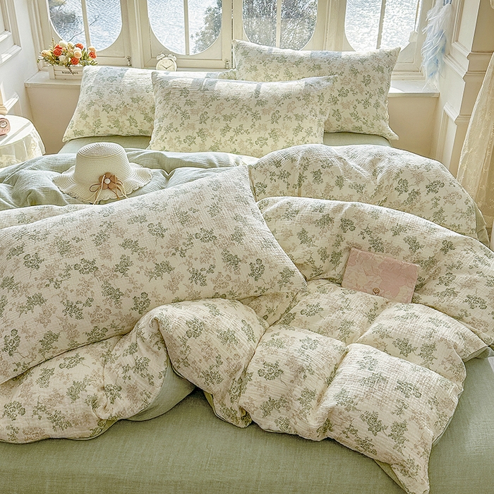 91家纺网 家纺一手货源 找家纺 木楌家居 2025春夏新品全棉A类皱皱纱印花四件套 清颜