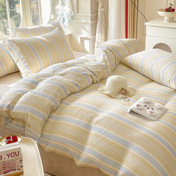 91家纺网 家纺一手货源 找家纺 木楌家居 2025春夏新品全棉A类皱皱纱印花四件套 时序 黄