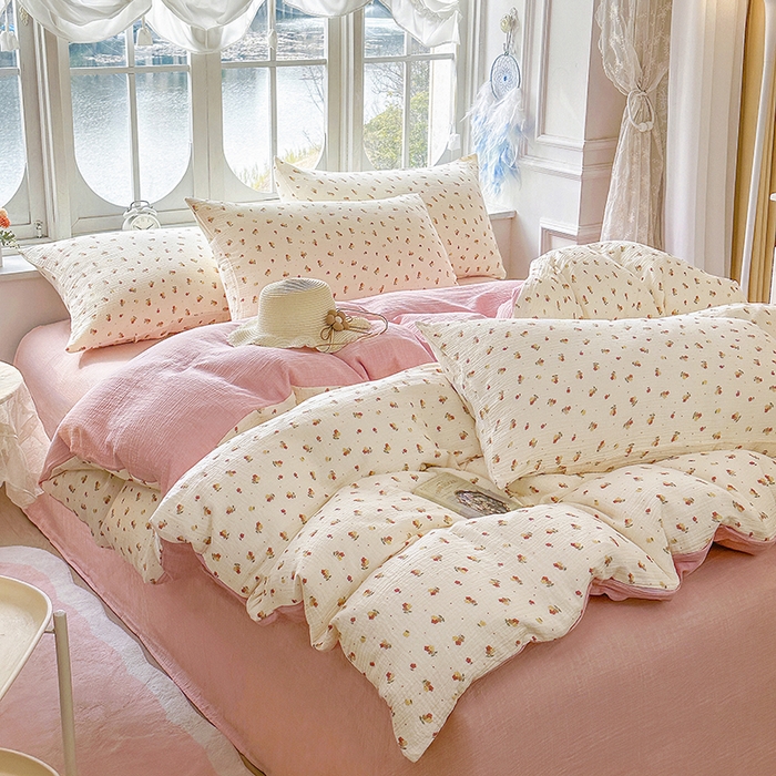 91家纺网 家纺一手货源 找家纺 木楌家居 2025春夏新品全棉A类皱皱纱印花四件套 黎夏  粉