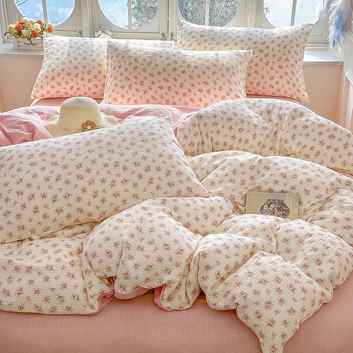 91家纺网 家纺一手货源 找家纺 木楌家居 2025春夏新品全棉A类皱皱纱印花四件套 悠然