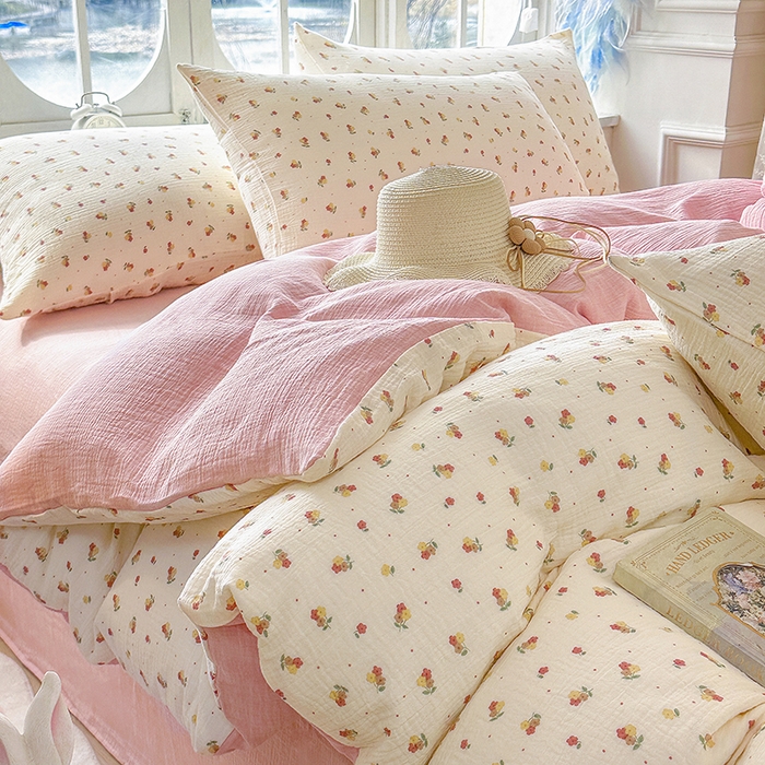 91家纺网 家纺一手货源 找家纺 木楌家居 2025春夏新品全棉A类皱皱纱印花四件套 黎夏  粉