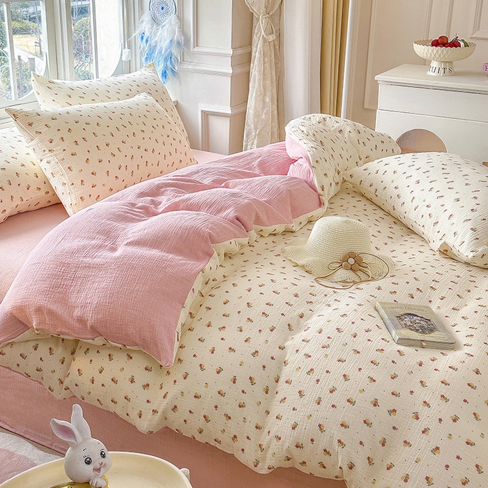 91家纺网 家纺一手货源 找家纺 木楌家居 2025春夏新品全棉A类皱皱纱印花四件套 黎夏  粉