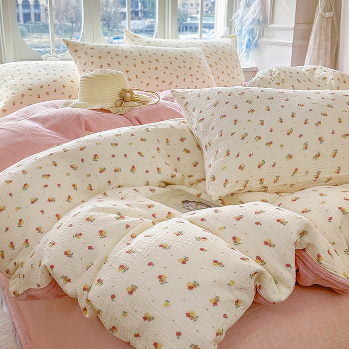 91家纺网 家纺一手货源 找家纺 木楌家居 2025春夏新品全棉A类皱皱纱印花四件套 黎夏  粉