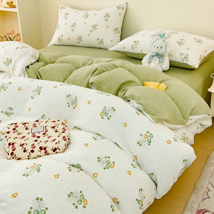 91家纺网 家纺一手货源 找家纺 木楌家居 2025春夏新品全棉A类皱皱纱印花四件套 小南国