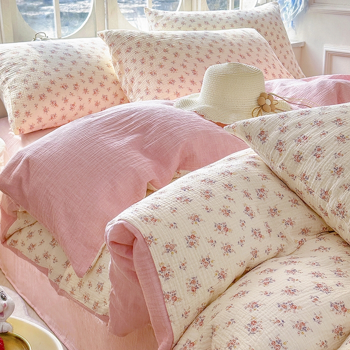 91家纺网 家纺一手货源 找家纺 木楌家居 2025春夏新品全棉A类皱皱纱印花四件套 悠然