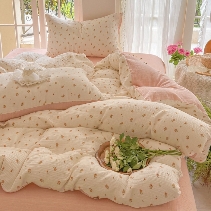 91家纺网 家纺一手货源 找家纺 木楌家居 2025春夏新品全棉A类皱皱纱印花四件套 春泥